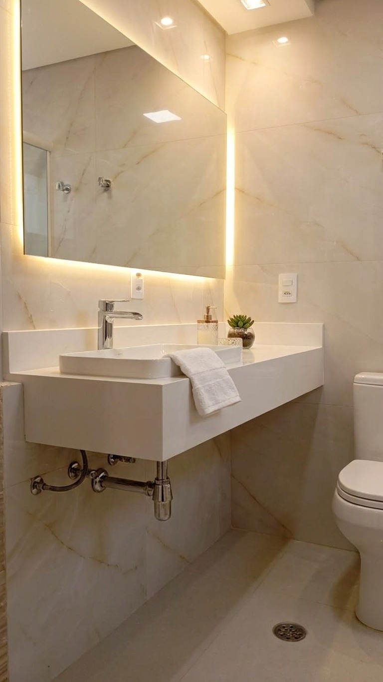 Bancada de lavabo em mármore claro com cuba de apoio