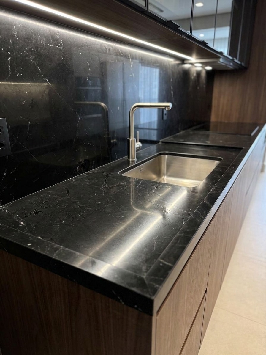 Bancada e frontão em mármore preto com cuba inox