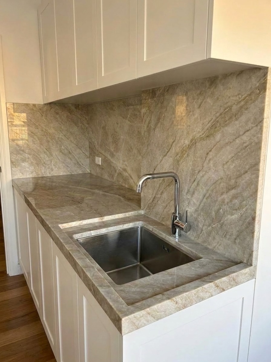 Bancada e frontão em quartzito com cuba inox